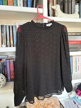 Rachel Zoe Black Sheer Blouse with Gold Metallic Dot Print small